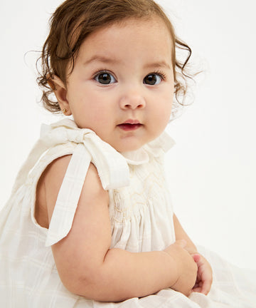 Olive Baby Dress, Cream Windowpane